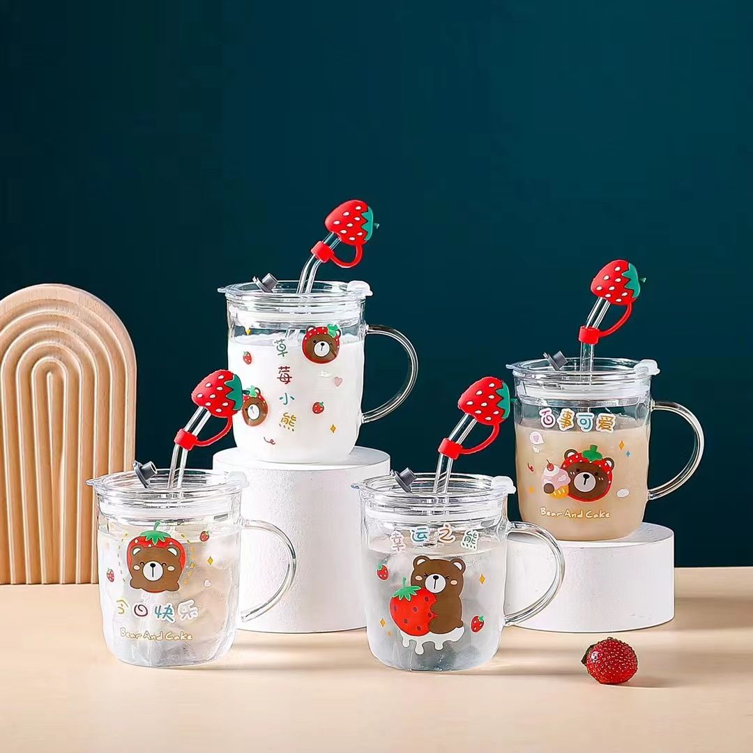 Lovely Fruit glass mug with straw Lovely Fruit glass mug with straw