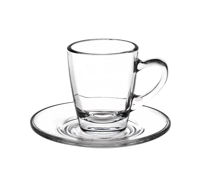Glass coffee mug with handle and plate