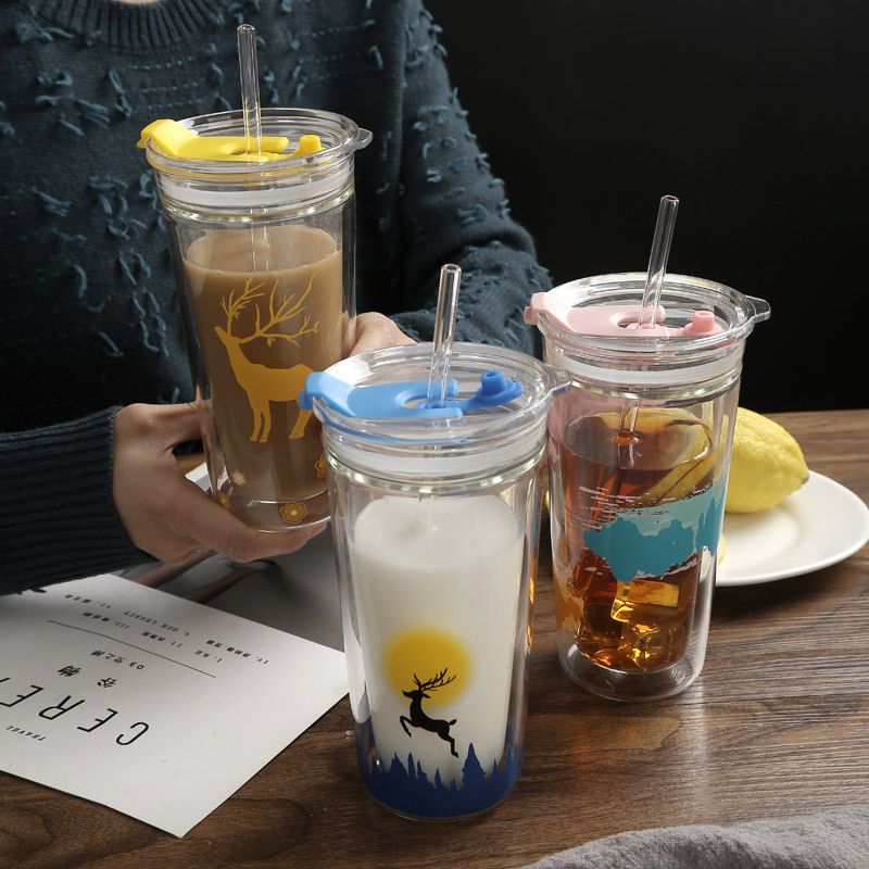 Double wall glass drinking tumbler with straw Double wall glass drinking tumbler with straw