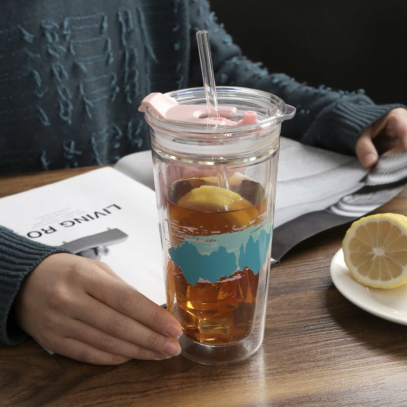 Double wall glass drinking tumbler with straw Double wall glass drinking tumbler with straw
