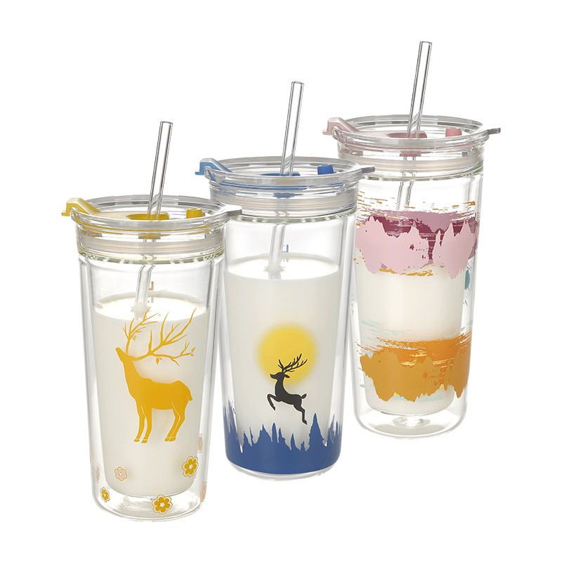 Double wall glass drinking tumbler with straw Double wall glass drinking tumbler with straw