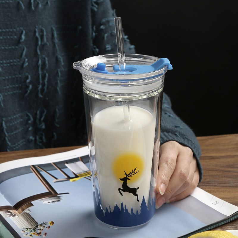 Double wall glass drinking tumbler with straw Double wall glass drinking tumbler with straw