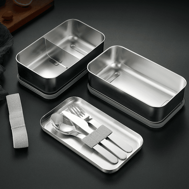 Wholesale doublue layer stainless steel lunch box with belt and microwave safe,removable divider 500ml ~ 1000ml Steel