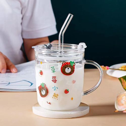 Lovely Fruit glass mug with straw