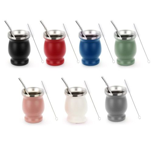 Stainless Steel (18/8Pro) Yerba Mate Natural Gourd Tea Cup Set Wide