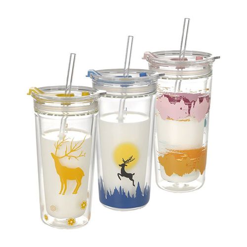 Double wall glass drinking tumbler with straw