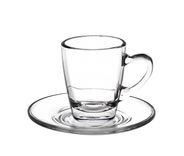 Glass coffee mug with handle and plate