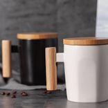 Stoneware Ceramic Coffee Mug With Bamboo Lid Wooden Handle